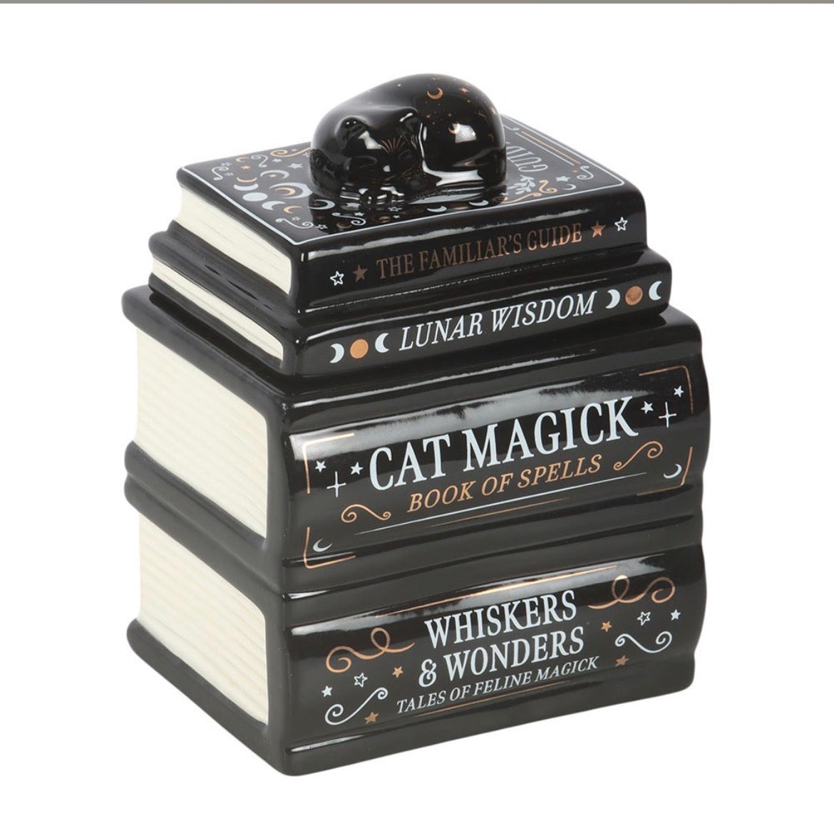 BLACK CAT BOOK STACK WAX & OIL BURNER WITH CAT