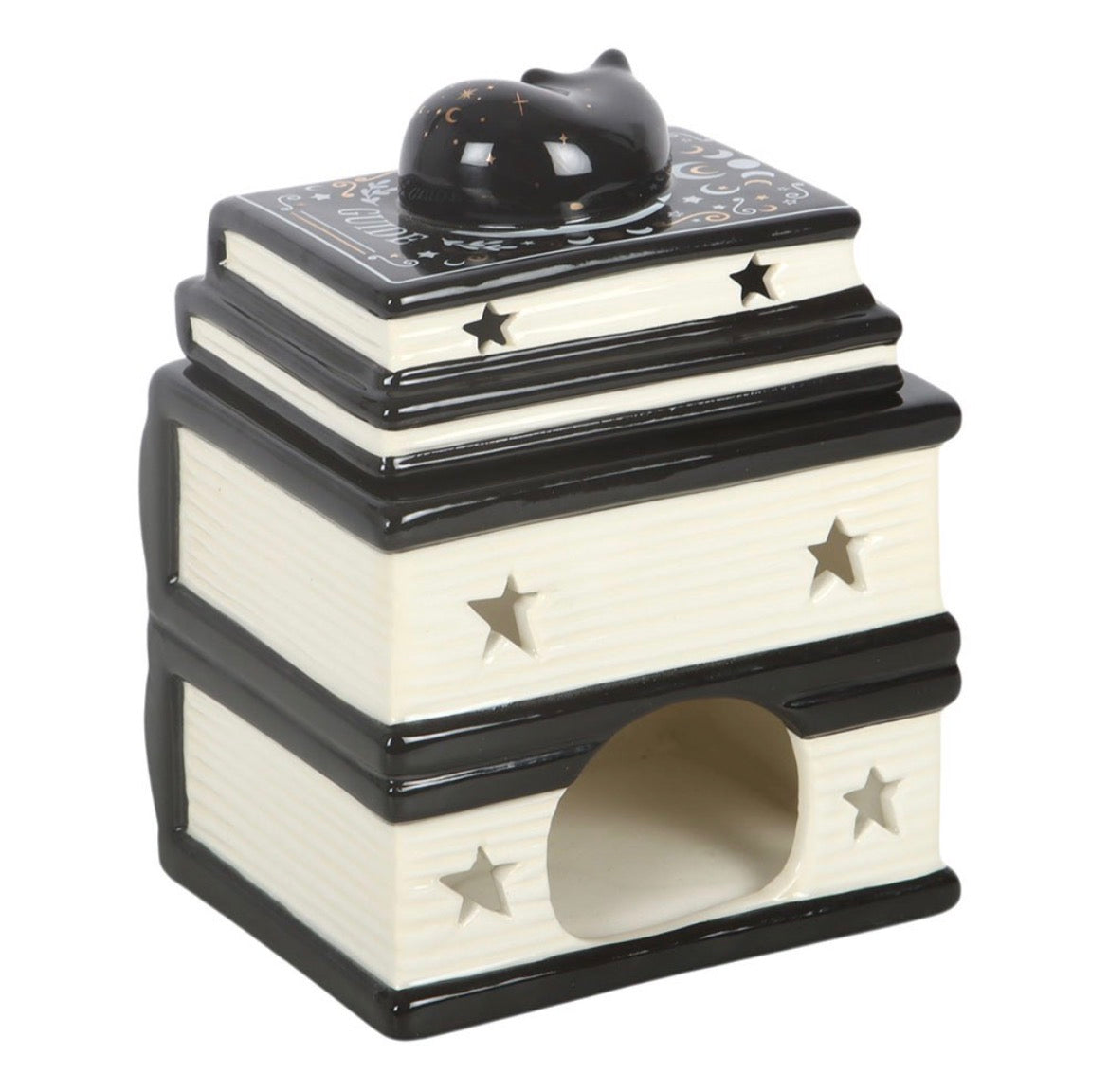 BLACK CAT BOOK STACK WAX & OIL BURNER WITH CAT