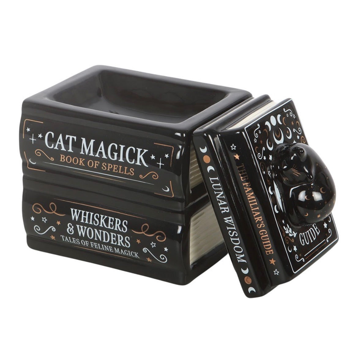 BLACK CAT BOOK STACK WAX & OIL BURNER WITH CAT